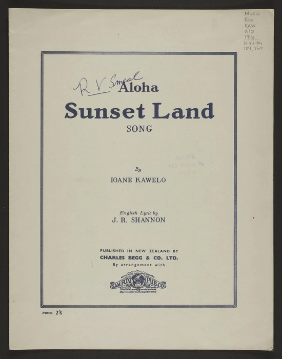 Aloha sunset land / Ioane Kawelo ; English lyric by J.R. Shannon.