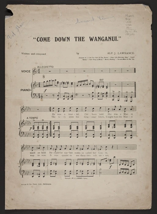 Come down the Wanganui / written and composed by Alf. J. Lawrance.