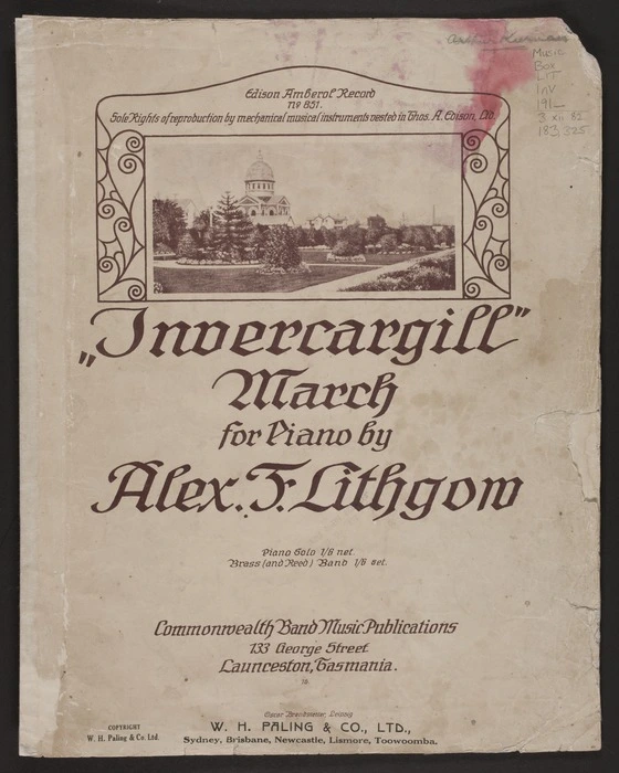 Invercargill march : for piano / by Alex F. Lithgow.