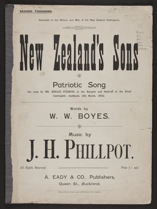 New Zealand's sons : patriotic song / words by W.W. Boyes ; music by J.H. Phillpot.