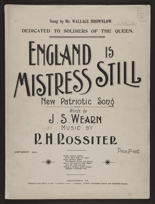 England is mistress still / words by J.S. Wearn ; music by R.H. Rossiter.