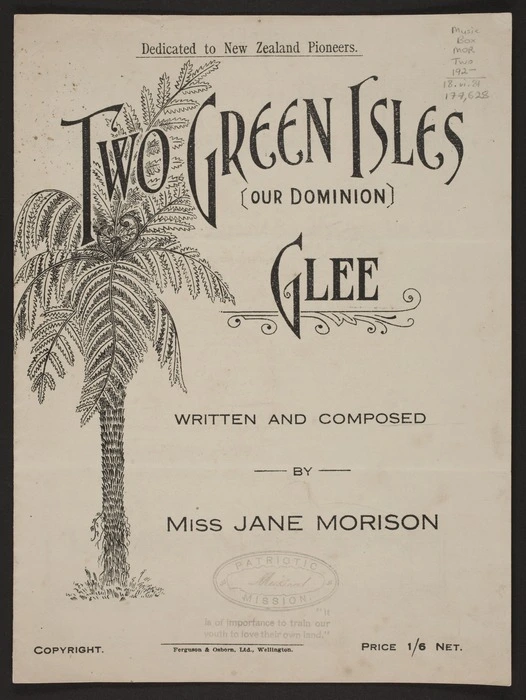 Two green isles (our Dominion) : glee / written and composed by Miss Jane Morison.