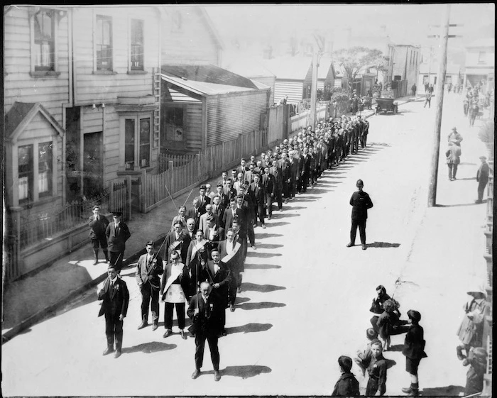 Copy negative of a Chee Kung Tong Chinese Freemasons procession, Frederick Street, Wellington