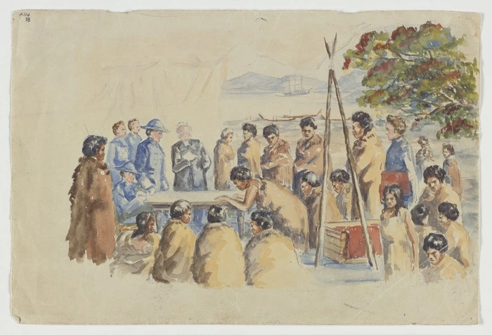 Artist unknown :[Reconstruction of the signing of the Treaty of Waitangi. ca 1940 or 1930s]