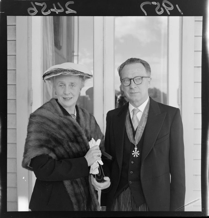 Dr Clarence Beeby CMG wearing his medal with his wife Beatrice