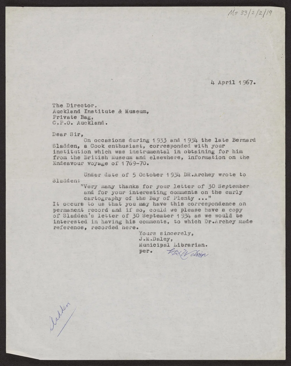 Letter from Leslie William Melvin to the director of Auckland Institute and Museum, 4 Apr 1967