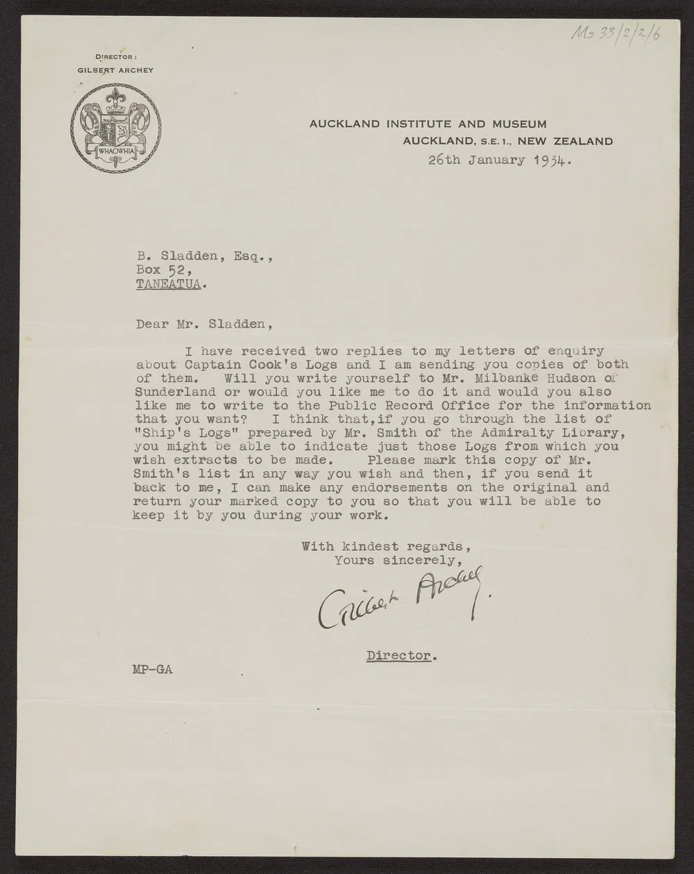 Letter from Gilbert Archey, director of Auckland Institute and Museum, to Bernard Sladden, 26 Jan 1934