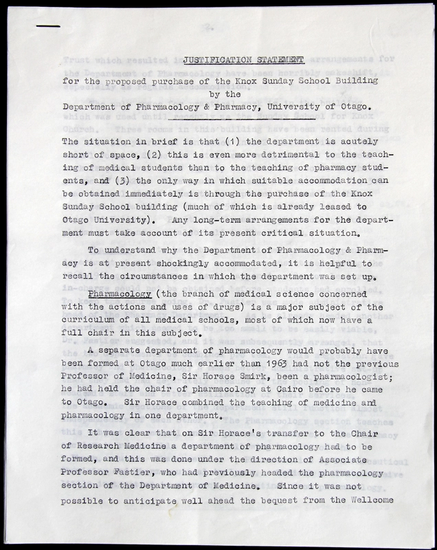 Justification Statement for the proposed purchase of the Knox Sunday School building by the Department of Pharmacology and Pharmacy
