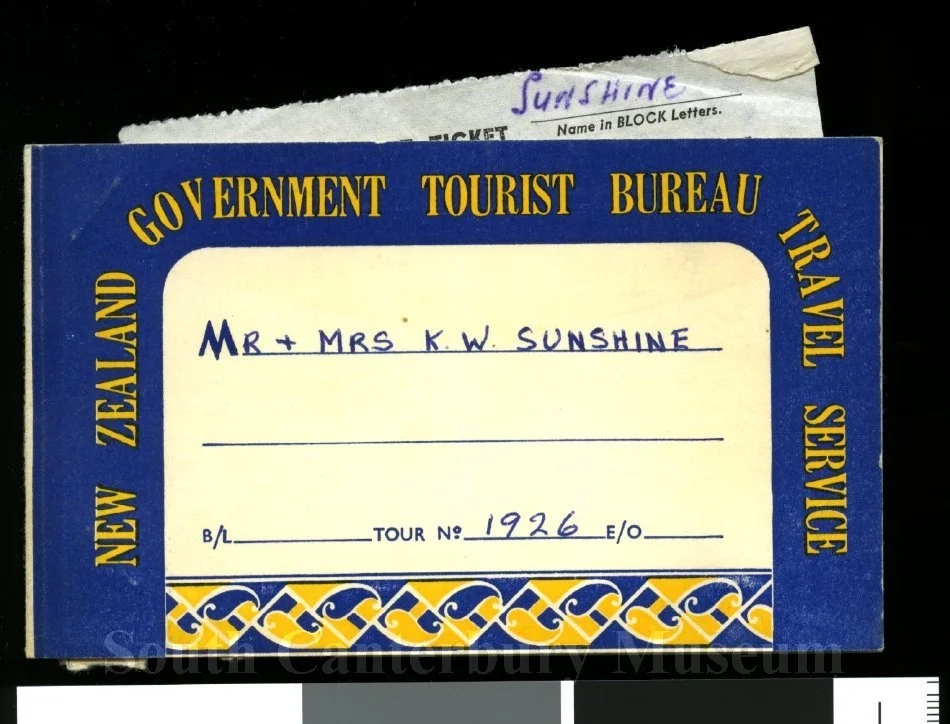 New Zealand Government Tourist Bureau Travel Service train tickets for Mr & Mrs K W Sunshine Ticket