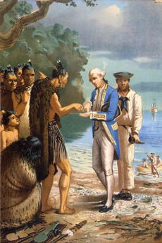 Captain Cook with Māori in the Bay of Islands