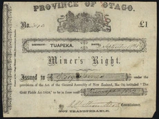 Certificate of miner's right to mine Tuapeka goldfield