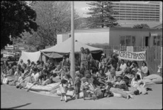 Maori land protesters at their camp in Parliament grounds, Wellington