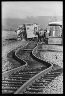 Railway lines and locomotive after the Edgecumbe earthquake