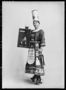 Woman, on roller skates, advertising Osram light bulbs.
