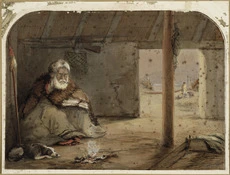 Barraud, Charles Decimus, 1822-1897 :[Te Puni seated in a whare in Pito-one Pa] N. Z. 1860