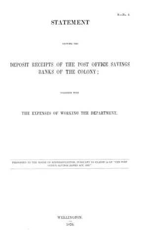 STATEMENT SHOWING THE DEPOSIT RECEIPTS OF THE POST OFFICE SAYINGS BANKS OF THE COLONY; TOGETHER WITH THE EXPENSES OF WORKING THE DEPARTMENT.