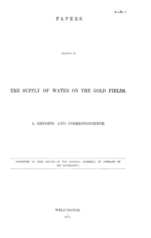 PAPERS RELATING TO THE SUPPLY OF WATER ON THE GOLD FIELDS.