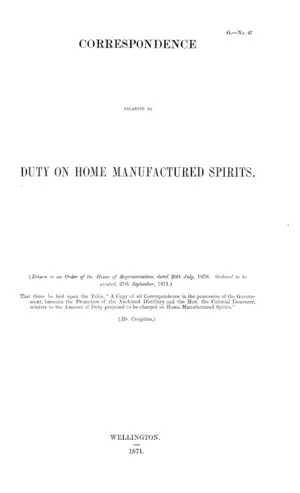 CORRESPONDENCE RELATIVE TO DUTY ON HOME MANUFACTURED SPIRITS.