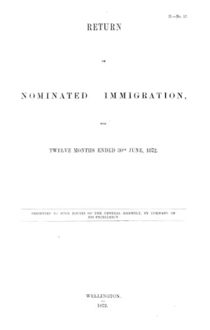 RETURN OF NOMINATED IMMIGRATION, FOR TWELVE MONTHS ENDED 30TH JUNE, 1872.