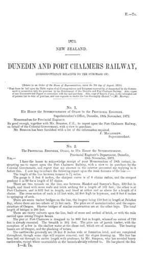 DUNEDIN AND PORT CHALMERS RAILWAY, (CORRESPONDENCE RELATIVE TO THE PURCHASE OF).