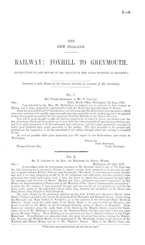 RAILWAY: FOXHILL TO GREYMOUTH. (INSTRUCTIONS TO AND REPORT BY MR. CALCUTT ON THE LANDS PROPOSED AS SECURITY.)