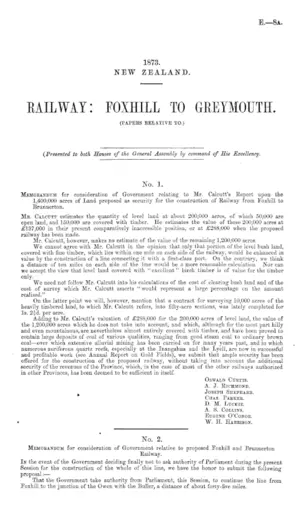 RAILWAY: FOXHILL TO GREYMOUTH. (PAPERS RELATIVE TO.)