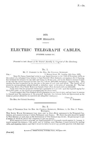ELECTRIC TELEGRAPH CABLES, (FURTHER PAPERS ON).