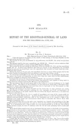 REPORT OF THE REGISTRAR-GENERAL OF LAND FOR THE YEAR ENDED 30TH JUNE, 1873.