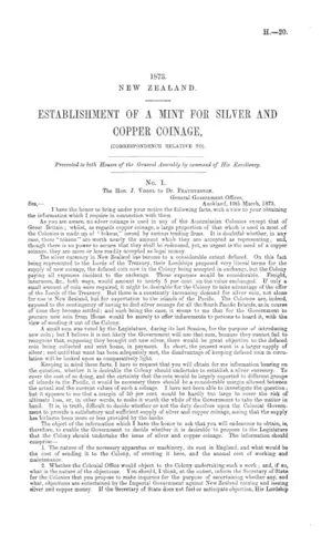 ESTABLISHMENT OF A MINT FOR SILVER AND COPPER COINAGE, (CORRESPONDENCE RELATIVE TO).