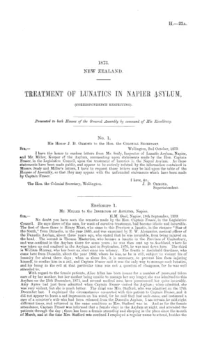 TREATMENT OF LUNATICS IN NAPIER ASYLUM, (CORRESPONDENCE RESPECTING).