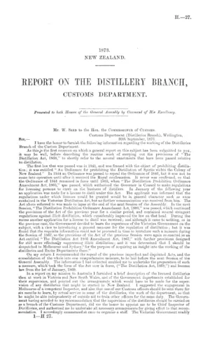 REPORT ON THE DISTILLERY BRANCH, CUSTOMS DEPARTMENT.