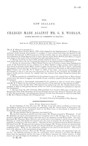 CHARGES MADE AGAINST MR. G. B. WORGAN. (PAPERS RELATING TO COMMISSION OF INQUIRY.)