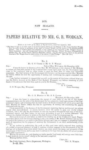 PAPERS RELATIVE TO MR. G. B. WORGAN.