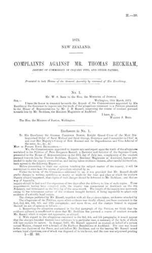 COMPLAINTS AGAINST MR. THOMAS BECKHAM, (REPORT OF COMMISSION OF INQUIRY INTO, AND OTHER PAPERS).