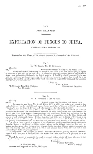 EXPORTATION OF FUNGUS TO CHINA, (CORRESPONDENCE RELATIVE TO).