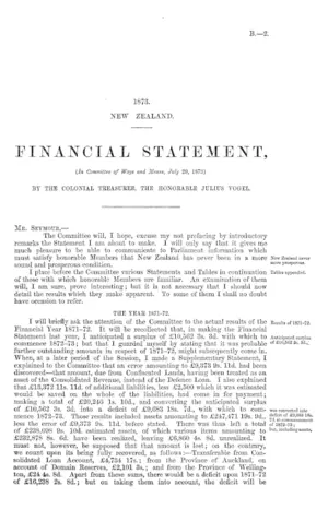 FINANCIAL STATEMENT, (In Committee of Ways and Means, July 29, 1873) BY THE COLONIAL TREASURER, THE HONORABLE JULIUS VOGEL.