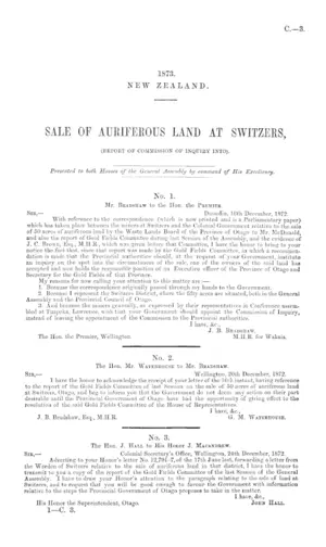 SALE OF AURIFEROUS LAND AT SWITZERS, (REPORT OF COMMISSION OF INQUIRY INTO).