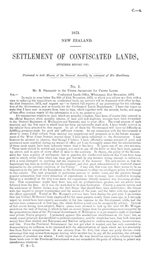 SETTLEMENT OF CONFISCATED LANDS, (FURTHER REPORT ON).