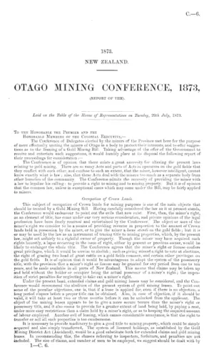 OTAGO MINING CONFERENCE, 1873, (REPORT OF THE).