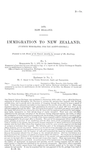 IMMIGRATION TO NEW ZEALAND. (FURTHER MEMORANDA FOR THE AGENT-GENERAL.)
