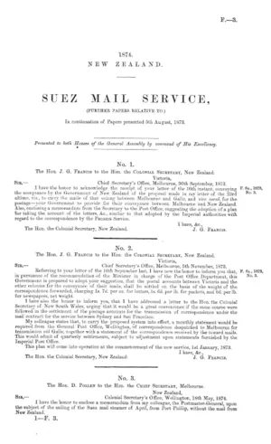 SUEZ MAIL SERVICE, (FURTHER PAPERS RELATIVE TO.) In continuation of Papers presented 5th August, 1873.
