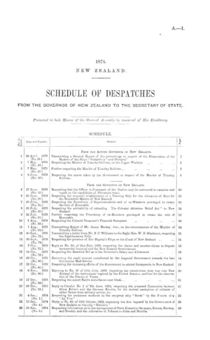SCHEDULE OF DESPATCHES FROM THE GOVERNOR OF NEW ZEALAND TO THE SECRETARY OF STATE.
