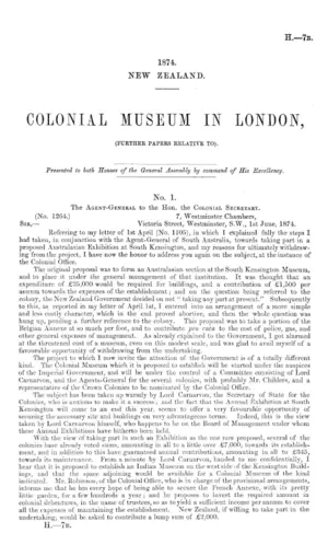 COLONIAL MUSEUM IN LONDON, (FURTHER PAPERS RELATIVE TO).