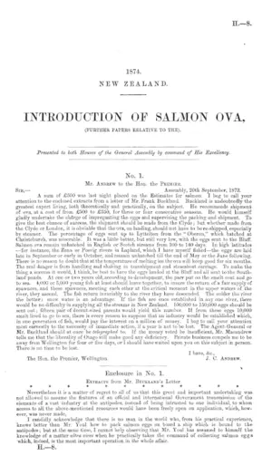 INTRODUCTION OF SALMON OVA, (FURTHER PAPERS RELATIVE TO THE).