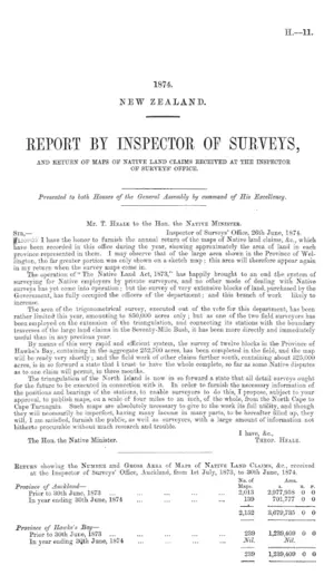 REPORT BY INSPECTOR OF SURVEYS, AND RETURN OF MAPS OF NATIVE LAND CLAIMS RECEIVED AT THE INSPECTOR OF SURVEYS' OFFICE.