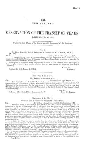 OBSERVATION OF THE TRANSIT OF VENUS, (PAPERS RELATIVE TO THE).