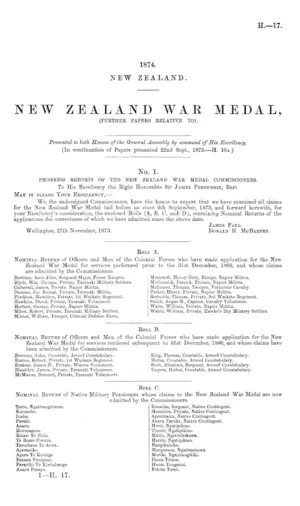 NEW ZEALAND WAR MEDAL, (FURTHER PAPERS RELATIVE TO).