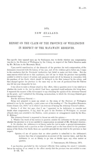 REPORT ON THE CLAIM OF THE PROVINCE OF WELLINGTON IN RESPECT OF THE MANAWATU RESERVES.