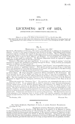 LICENSING ACT OF 1873, (INSTRUCTIONS AND CORRESPONDENCE RELATING TO).