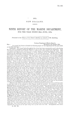 NINTH REPORT OF THE MARINE DEPARTMENT, FOR THE YEAR ENDED 30TH JUNE, 1874.